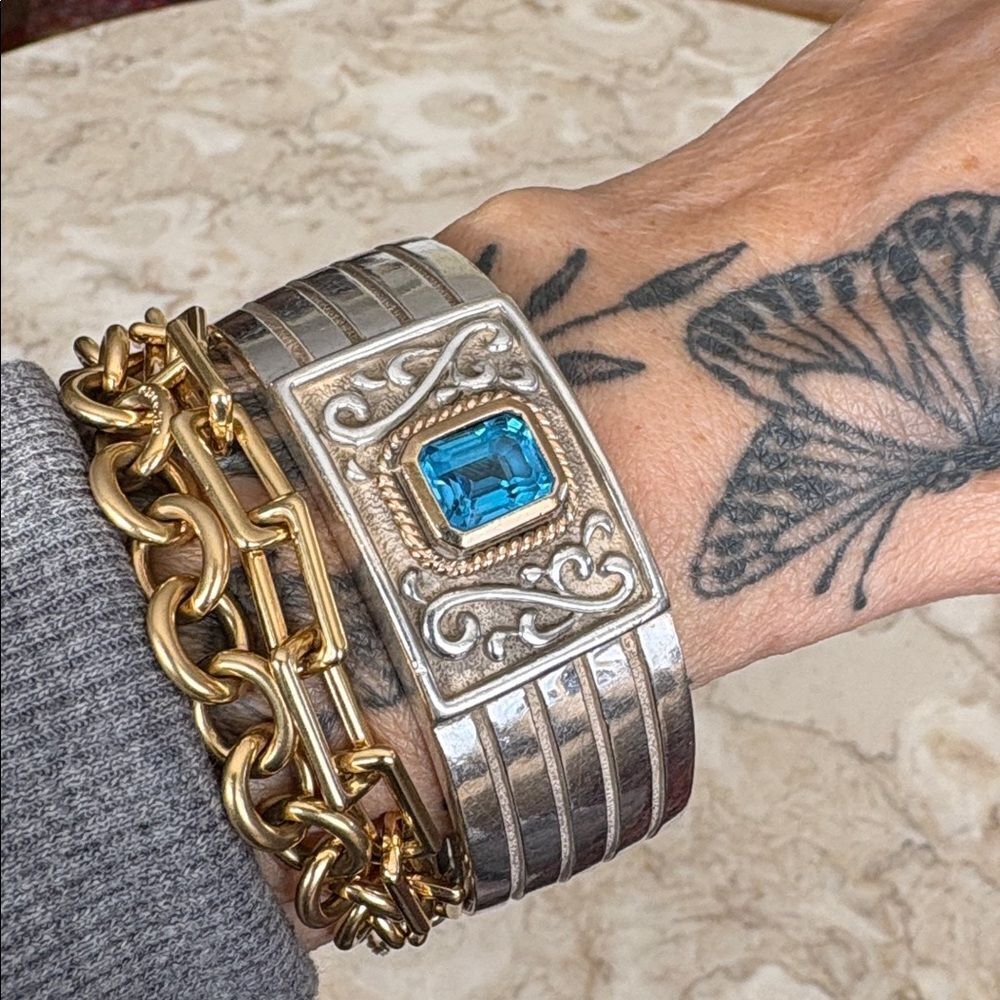 14K & Sterling Silver Wide Cuff Blue Topaz 57g